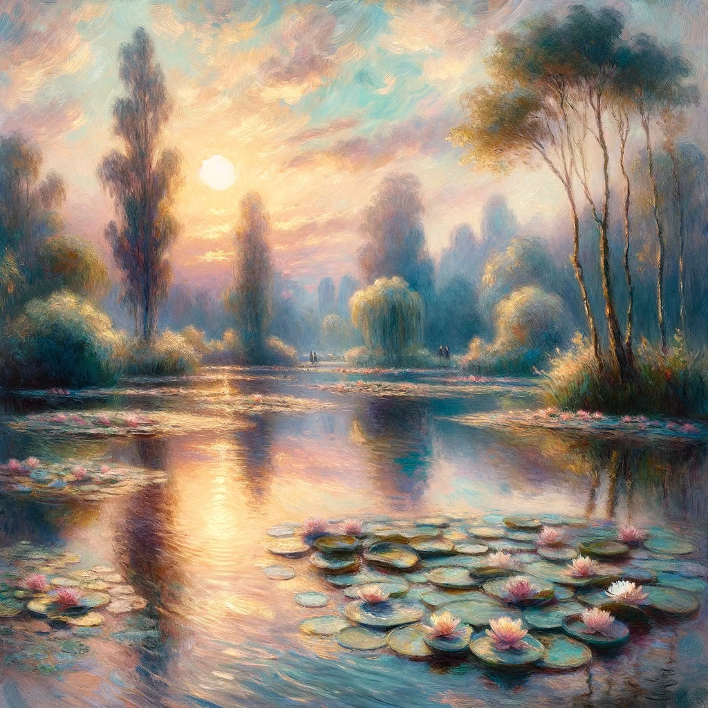 Example of an image generated by AI with the following prompt: A serene landscape in the style of an impressionist painting: Think Monet's "Water Lilies", featuring a tranquil pond with lilies under a soft, pastel sunset