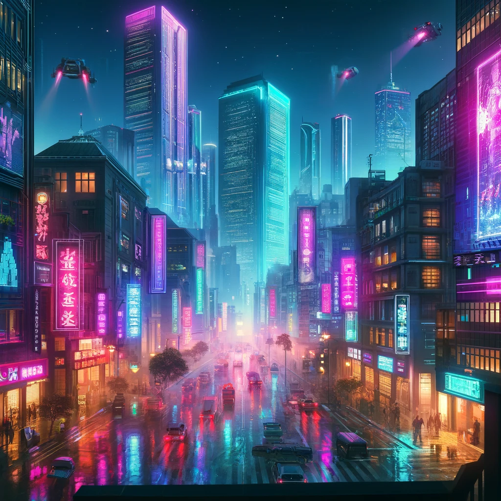 Example of an image generated by AI with the following prompt: A futuristic cityscape in a cyberpunk style: Neon lights, towering skyscrapers, and a bustling street scene at night, reminiscent of scenes from science fiction.