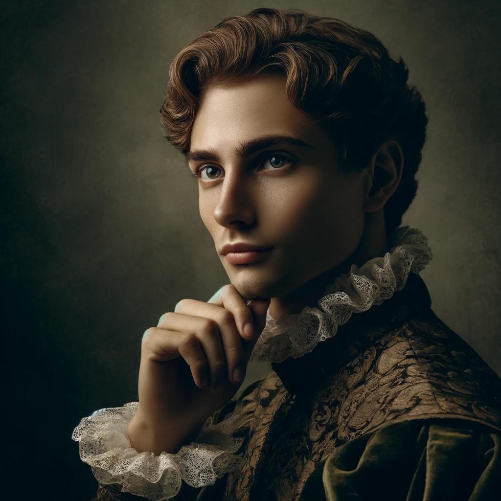 Example of an image generated by AI with the following prompt: A classical portrait inspired by Renaissance art: A detailed depiction of a person dressed in historical attire, set against a dark, moody background with soft lighting.